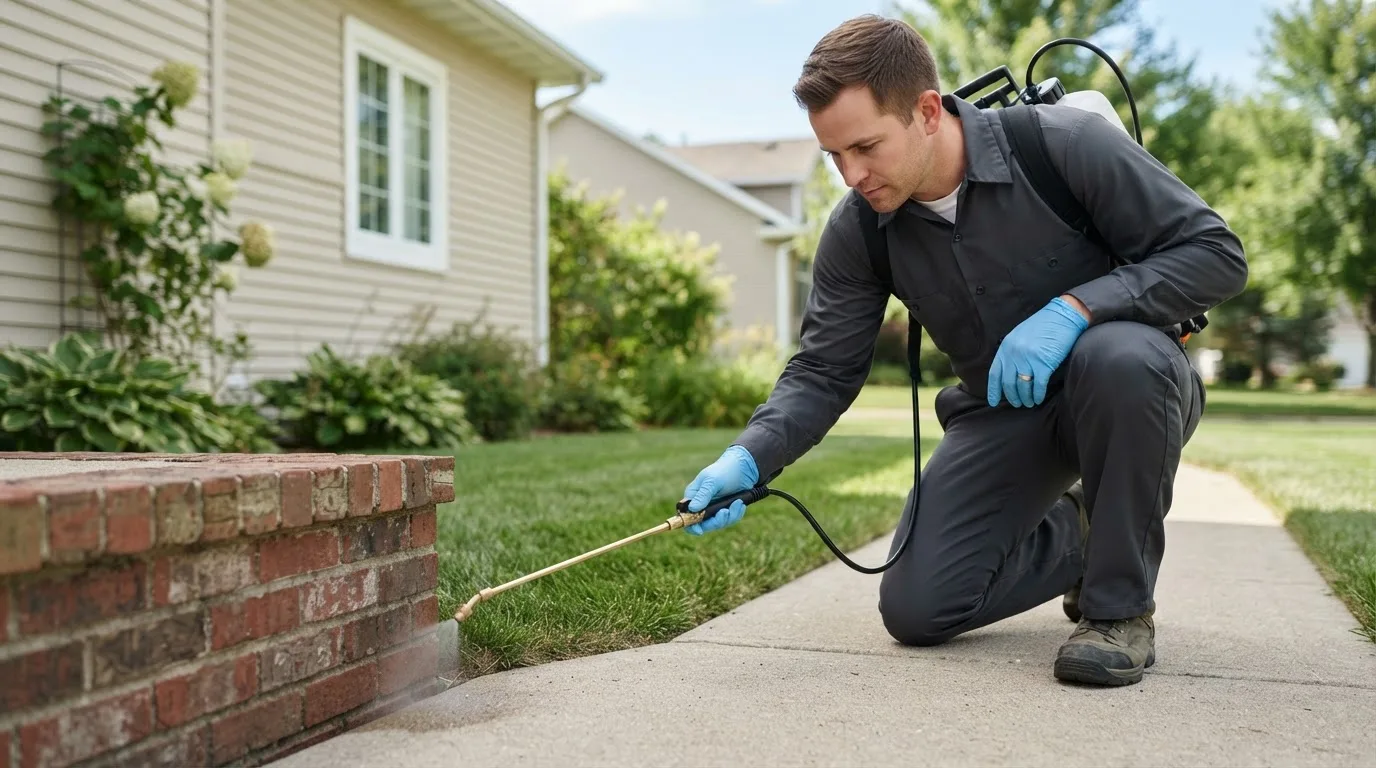 Pest control technician treating a home near Buffalo, ND